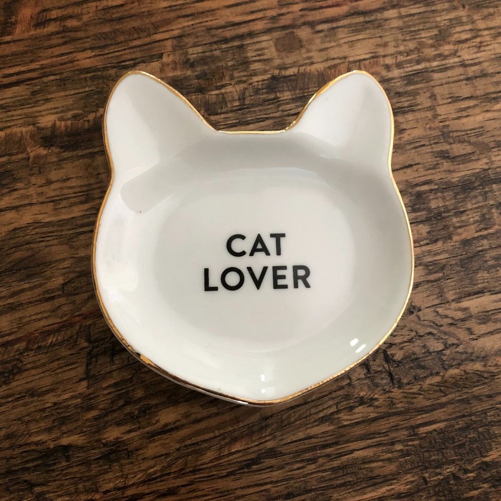 White & Gold Cat Lover Cat Shaped Jewelry & Trinket Dish